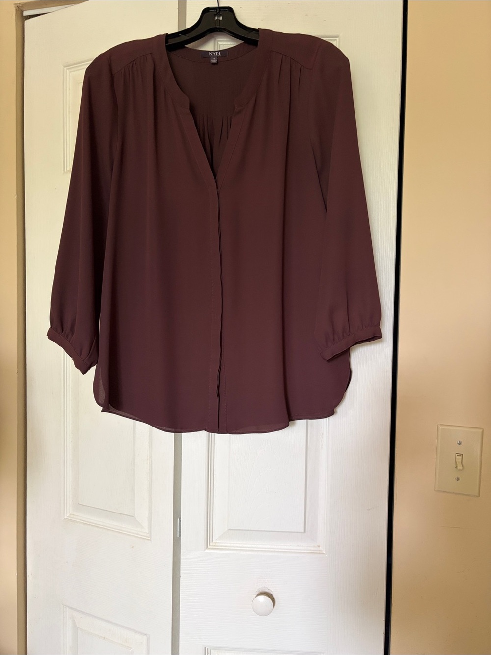 NYDJ Plum V-Neck 3/4 length sleeve blouse. 5 button down front.